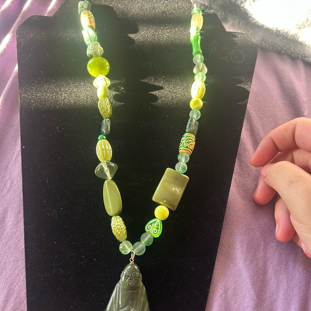 Green Beaded Necklace with Buddha Pendant